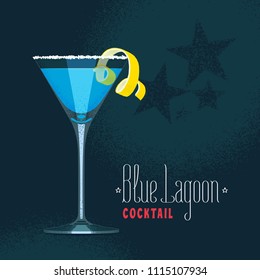 Blue Lagoon cocktail in martini glass vector illustration. Poster, clipart with traditional martini cocktail decoration 