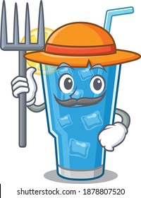 Blue lagoon cocktail mascot design working as a Farmer wearing a hat