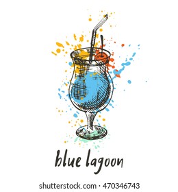 Blue lagoon cocktail on the watercolor splash. Hand drawn vector illustration. Can be used for menu, cafe, restaurant or bar.