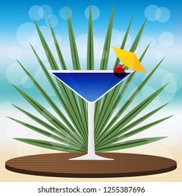 Blue lagoon cocktail on wooden classic  tray , on blurred background with bokeh vector illustration for web and print, invitation and menus for bar  