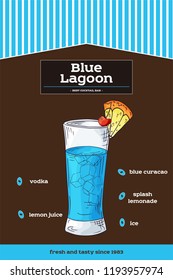 Blue Lagoon cocktail recipe with ingredients. Hand drawn illustration in sketch style. Vector collection.
