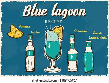 Blue lagoon cocktail retro poster. Vintage recipe cocktail poster. Vector illustration.