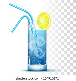 Blue Lagoon Cocktail Served In The Slightly Highball Glass With Straws, Lemon And Ice Cubes. Front View. 3d Photo Realistic Vector Illustration Isolated On Transparent Background