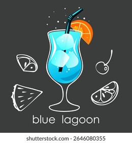 Coquetel Blue Lagoon. Bebida refrescante de verão com cubos de gelo e fatia laranja no fundo escuro. Ilustração vetorial.