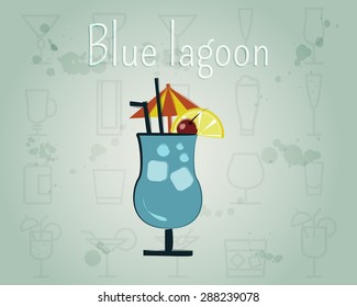 Blue Lagoon Cocktail. Summer stylish design. Isolated on unusual Background. Vector illustration