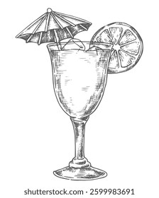 Blue Lagoon cocktail, vector illustration in sketch style.