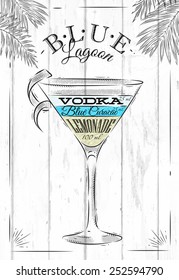 Blue lagoon cocktail in vintage style drawing on wooden boards