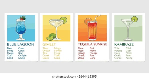 Blue Lagoon, Gimlet, Tequila Sunrise e Kamikaze cocktails em estilo aquarela com enfeite e ingredientes da receita. Modelo de cartaz para menu de barras ou design de mixologia.