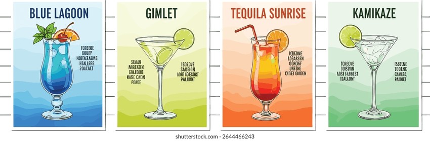 Blue Lagoon, Gimlet, Tequila Sunrise e Kamikaze cocktails em estilo aquarela com enfeite e ingredientes da receita. Modelo de cartaz para menu de barras ou design de mixologia. Receita de coquetel 