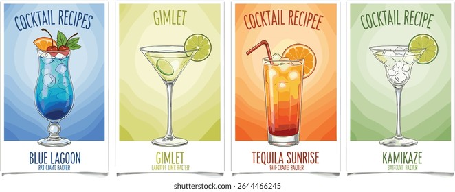 Blue Lagoon, Gimlet, Tequila Sunrise e Kamikaze cocktails em estilo aquarela com enfeite e ingredientes da receita. Modelo de cartaz para menu de barras ou design de mixologia. Receita de coquetel 