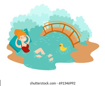 Blue lagoon Icelandic landmark vector icon. Cartoon woman swim at hot fountain. Vector illustration, isolated on white background