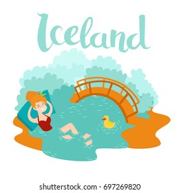 Blue lagoon Icelandic landmark vector icon. Cartoon woman swim at hot fountain. Vector illustration, isolated on white background