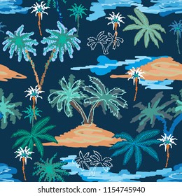 Blue lagoon paradise. Seamless vector pattern with ocean, islands and palms. Tropical textile collection. On indigo background.