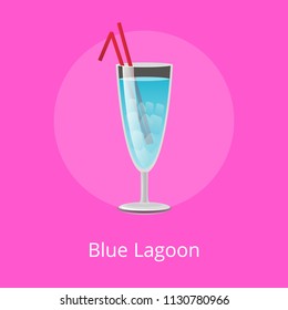 Blue Lagoon refreshing drink with two straws in elite stemware, popular summer cocktail with dash of lime cordial in mix, vector illustration isolated