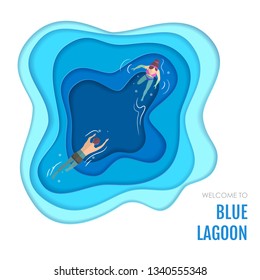 Blue lagoon with swimming people paper cut art style design