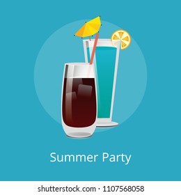 Blue Lagoon and Vodka cola with ice refreshing drinks with straw in elite stemware, popular summer cocktails mix, vector illustration isolated