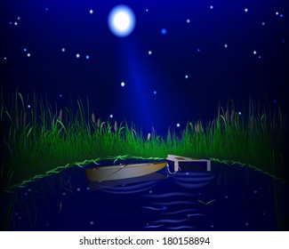 blue lake with grass and boat on the night  sky background