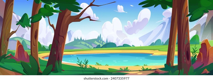 Blue lake in green mountain valley. Vector cartoon illustration of forest trees near water, grass and bushes on hills, sunny sky with clouds, beautiful scenery for recreation, spring nature landscape