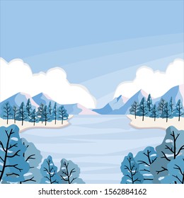 Blue Lake with mountain and Forrest vector.  Snowy landscape 