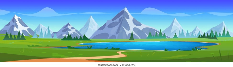 Blue lake in mountain valley. Vector cartoon illustration of beautiful alpine scenery with footpath in green grass, clear water under sunny sky with clouds, rocky peaks with glacier on horizon