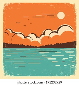 blue lake nature landscape on old paper texture.Vector vintage poster