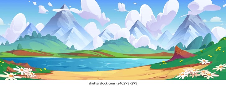Blue lake in spring mountain valley. Vector cartoon illustration of river flowing between green hills with flowers, bushes and grass, fluffy clouds above rocky peaks, beautiful scenery for recreation