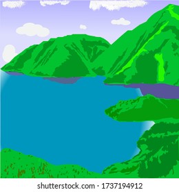 the blue lake surrounded by green hills