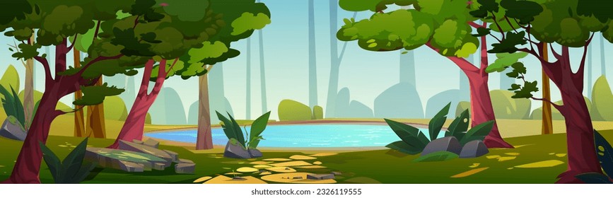 Blue lake in thick summer forest. Vector cartoon illustration of beautiful natural landscape with tall trees, green grass and bushes, stone road to small pond with clear water. Spring park background