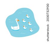 A blue lake in which a family of swans swims. Mom goose and chicks learn to swim. Pond and birds symbol. Vector minimalistic illustration drawn by hands in flat style. Cute isolated natural print