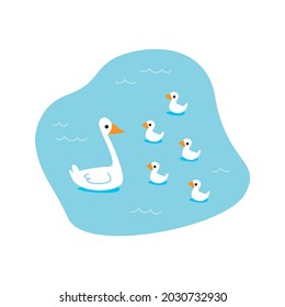 Ein blauer See, in dem eine Schwanenfamilie schwimmt. Mama Gans und Küken lernen schwimmen. Seehecht und Vogelsymbol. Vektorminimalistische Illustration von Hand in flachem Stil. Cute-isolierter Naturdruck