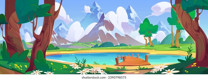 Blue lake with wooden pier and mountain view. Vector cartoon illustration of summer forest trees, flowers and green grass in valley, glacier on snowy Alpine peaks, beautiful scenery for recreation