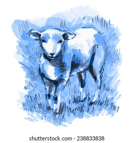 blue lamb on the green grass/ sketch markers/ vector/ symbol 2015/ chinese calendar 