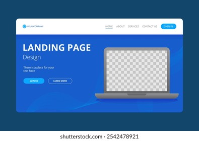 Blue landing page design with laptop mockup.