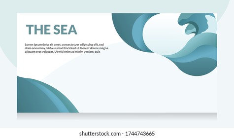Blue Landing page. With Trendy and Beautiful sea Landscape theme with waves shape. Design posters, background, web design and social media post template. Vector eps 10.