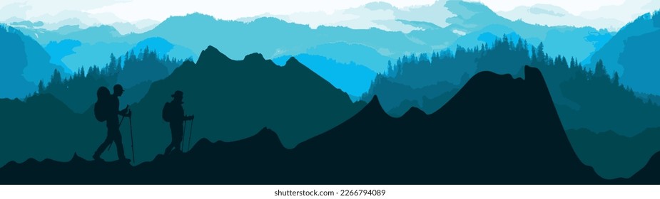 Blauer Hintergrund Banner Panorama-Vektorgrafik - Atemberaubender Blick mit schwarzer Silhouette von Bergen, Hügeln, Wald. und zwei Wanderer (Frauen und Männer wandern)