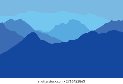 Fondo de paisaje azul con montañas en capas y colinas en tonos azules suaves. Ilustración vectorial de estilo plano mínimo adecuado para conceptos al aire libre, senderismo, turismo, viajes, Anuncios de Web, carteles, impresiones y diseño de presentación. EPS 10.