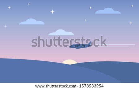Blue landscape of the dawn sky with clouds and stars and the silhouette of a flying plane with a two lane contrail. Card. Vector graphics, vector illustration