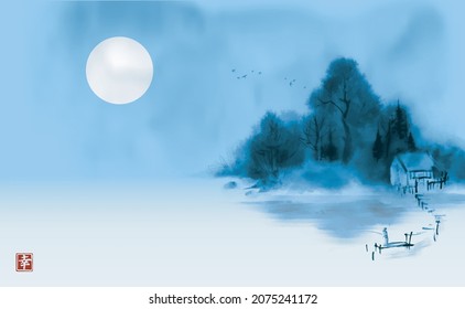 Blue landscape with fisherman by misty riverside. Traditional oriental ink painting sumi-e, u-sin, go-hua. Hieroglyph - happiness