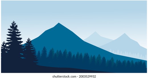 Blue landscape with forest,silhouettes of blue hills and mountains vector illustration