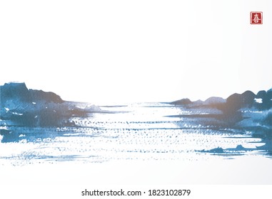Blue landscape with lake view in asian style hand drawn with sumi ink. Traditional oriental ink painting sumi-e, u-sin, go-hua. Translation of hieroglyph - zen.