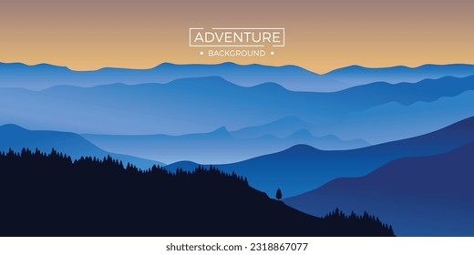 Blue landscape mountains in the evening with trees. Adventure background flat design