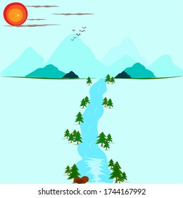 Paisaje Azul Con Montañas Y Río