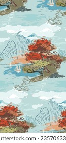 blue landscape sea maple mountain japanese chinese traditional vector illustration card background seamless pattern colorful watercolor ink textured