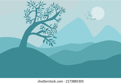 blue landscape with tree vector illustration