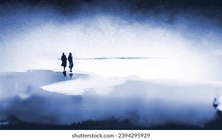 Blue landscape with two people standing of the sea shoreline. Traditional oriental ink painting sumi-e, u-sin, go-hua