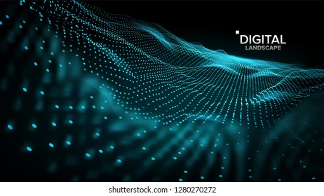 Blue Landscape Vector. Cyber Concept. Futuristic Graphic. Relief Structure. Energy Space. Topography Code. Array Design. 3D Illustration