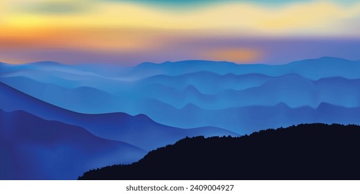 vector de paisaje azul con luz solar amarilla en el fondo.