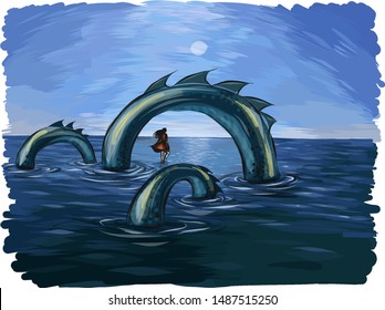 Blue landscape. Water and sky. Fantastic plot of the picture. From the dark waters you can see the green sea serpent. He wriggles around a girl in a red dress that stands on the water. Vector.