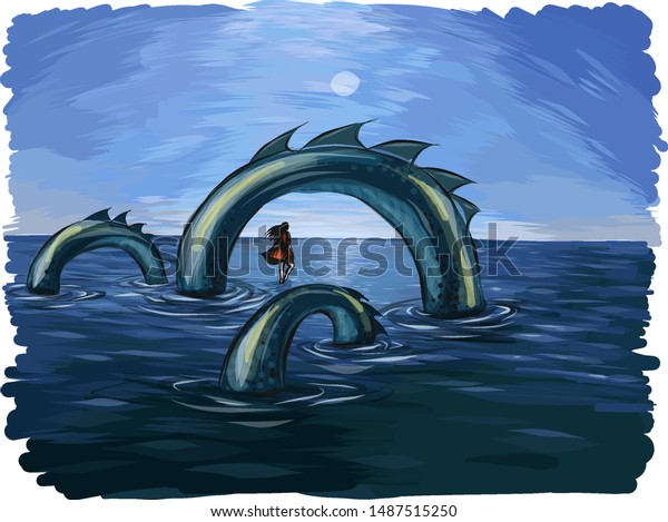 Blue landscape. Water and sky. Fantastic plot of\
the picture. From the dark waters you can see the green sea\
serpent. He wriggles around a girl in a red dress that stands on\
the water. Vector.