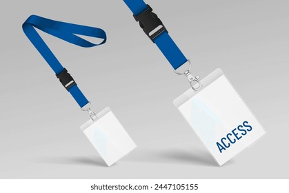 Blue Lanyard y tarjeta de acceso con caja de plástico. Plantilla para la presentación de su diseño. Ilustración vectorial realista